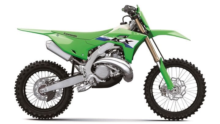 2027 Kawasaki KX327X, cross-country two-stroke with handguards and skid plate