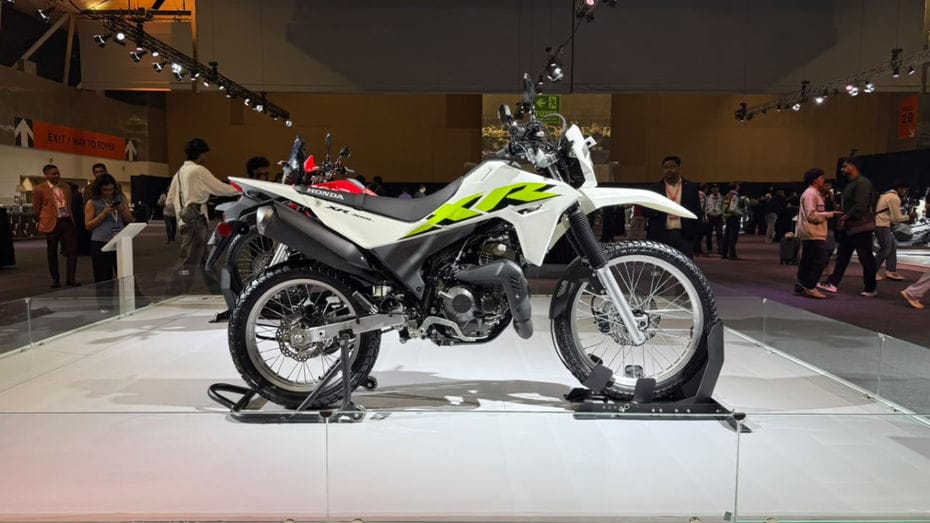 Honda XR300L dual-sport with long-travel suspension and spoked wheels