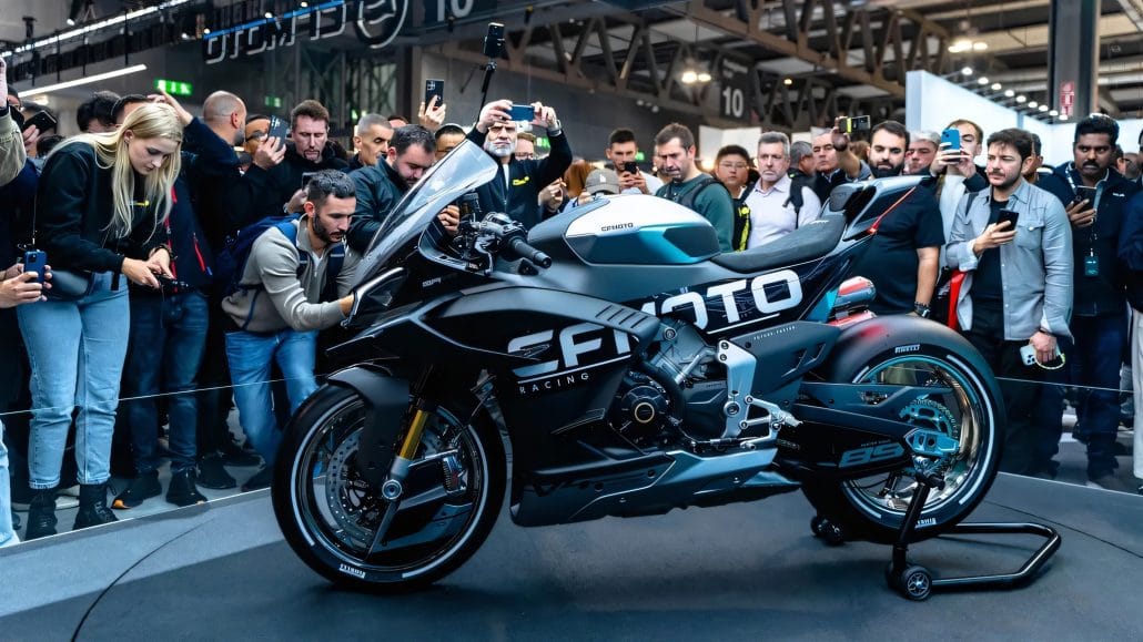 CFMoto V4SR-RR prototype, side profile showing front winglet positioning during wind-tunnel testing
