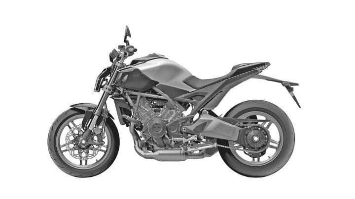 Honda V3R 900 E-Compressor production design filing, exposed V3 engine and side cowl detail
