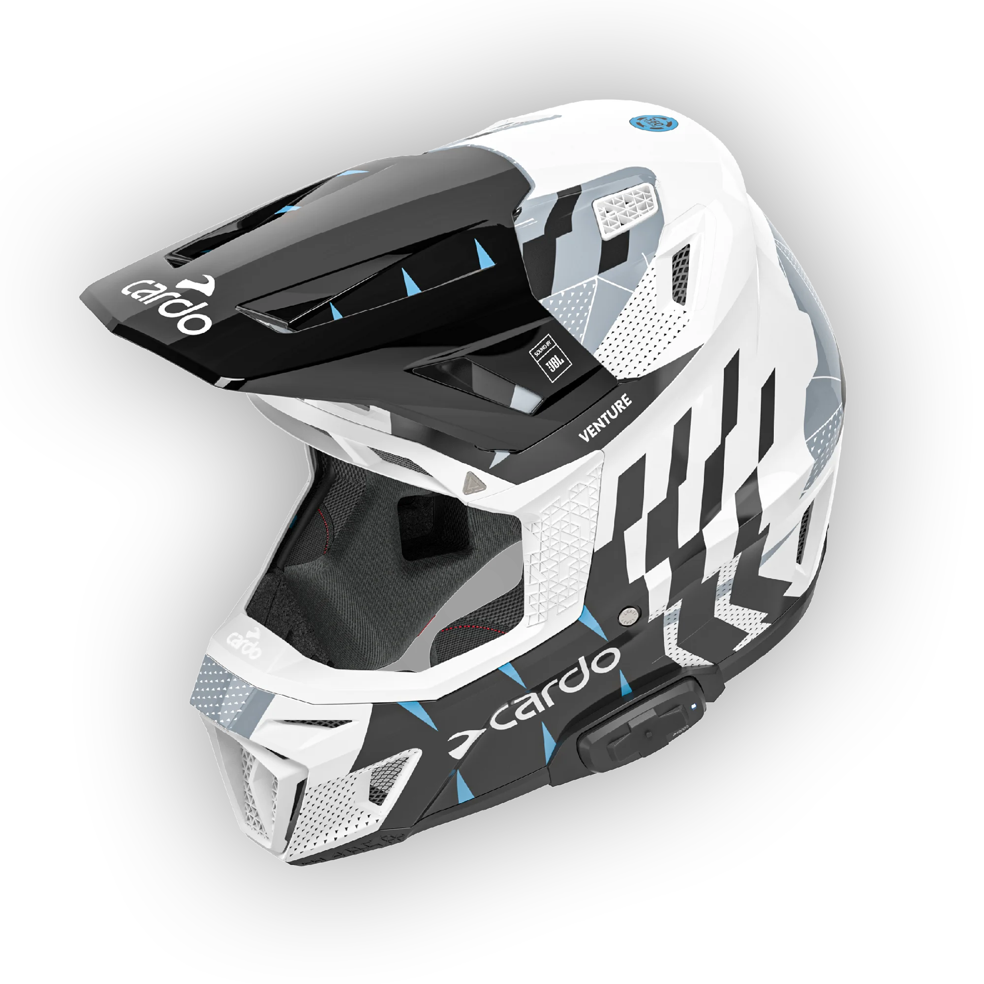Cardo Venture off-road helmet with mesh comms built into the shell
