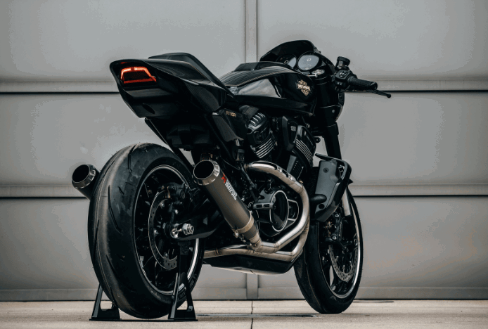 Harley-Davidson RMCR cafe racer concept, rear three-quarter view, carbon-fibre tail section