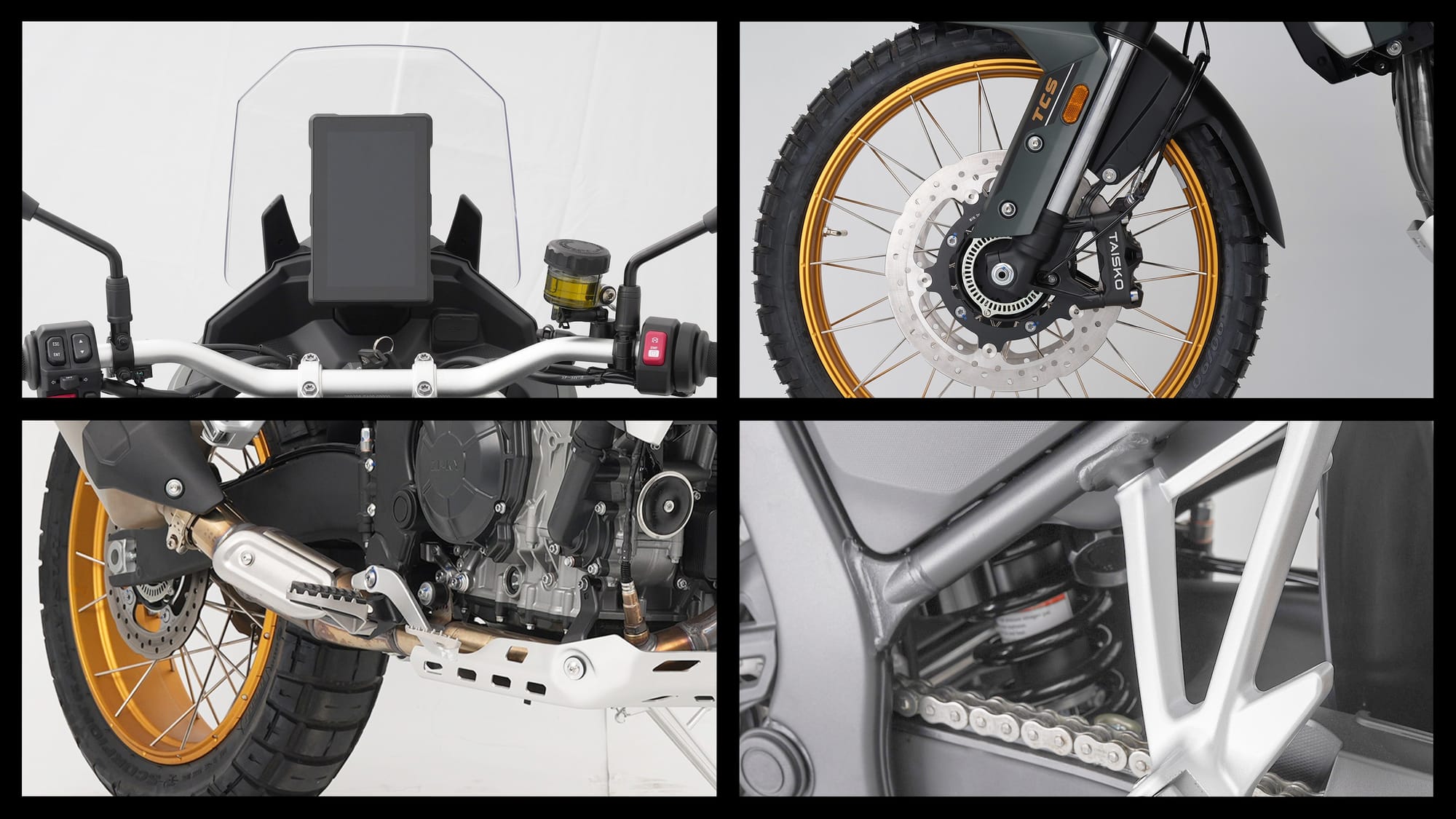 Kove 800X adventure motorcycle, front three-quarter view on a paved road