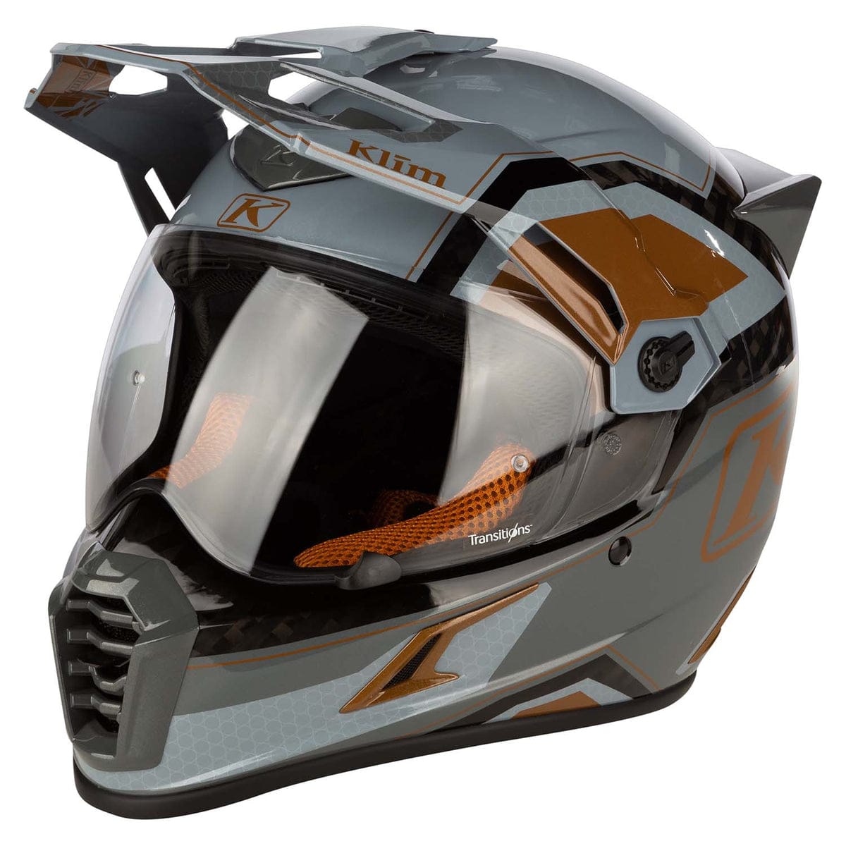 Klim Krios Pro helmet in metallic bronze, side profile showing the full carbon shell