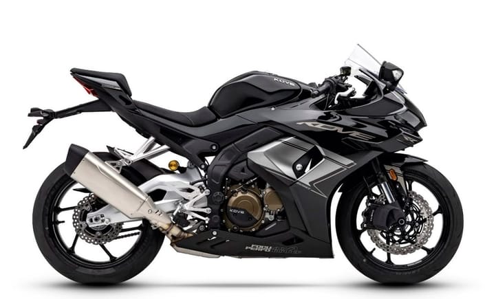 Kove 650RR four-cylinder supersport, three-quarter rear view showing the full fairing and twin exhaust