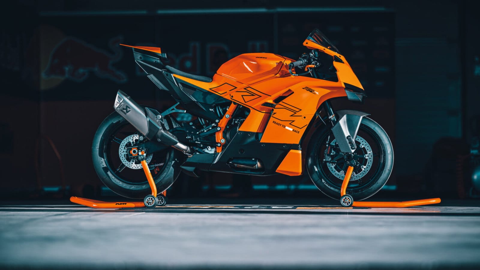 KTM 990 RC R supersport, studio side view in orange and black -- the current flagship of KTM's expanding RC line