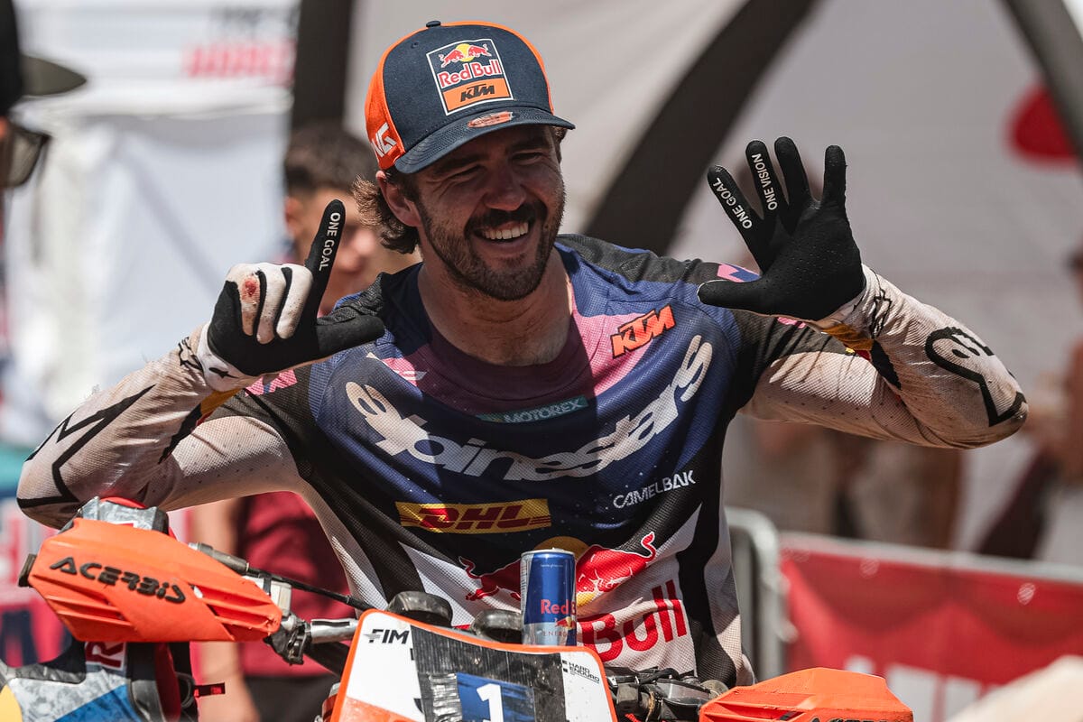 Manuel Lettenbichler on his KTM at the Red Bull Romaniacs 2026 finish