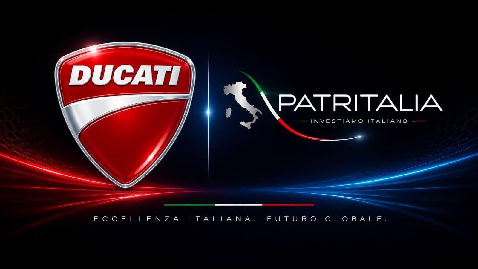Ducati and Patritalia logos side by side on a promotional graphic reading 'Eccellenza Italiana, Futuro Globale'