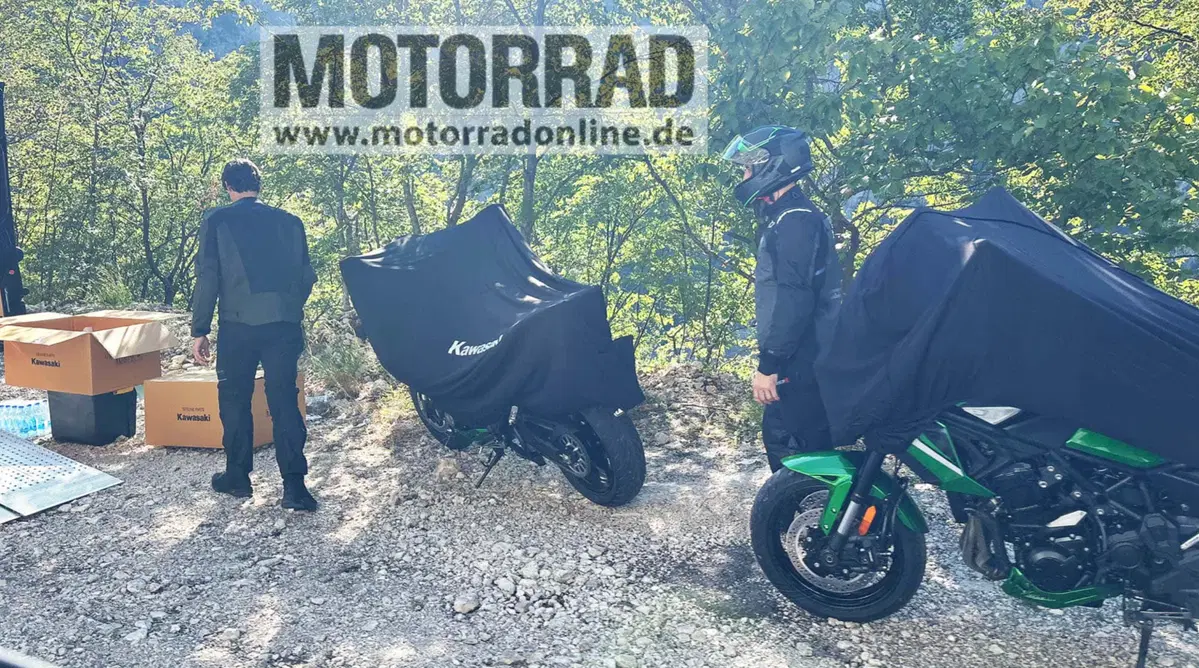 Camouflaged Kawasaki Versys 900 prototype spotted testing, front three-quarter view