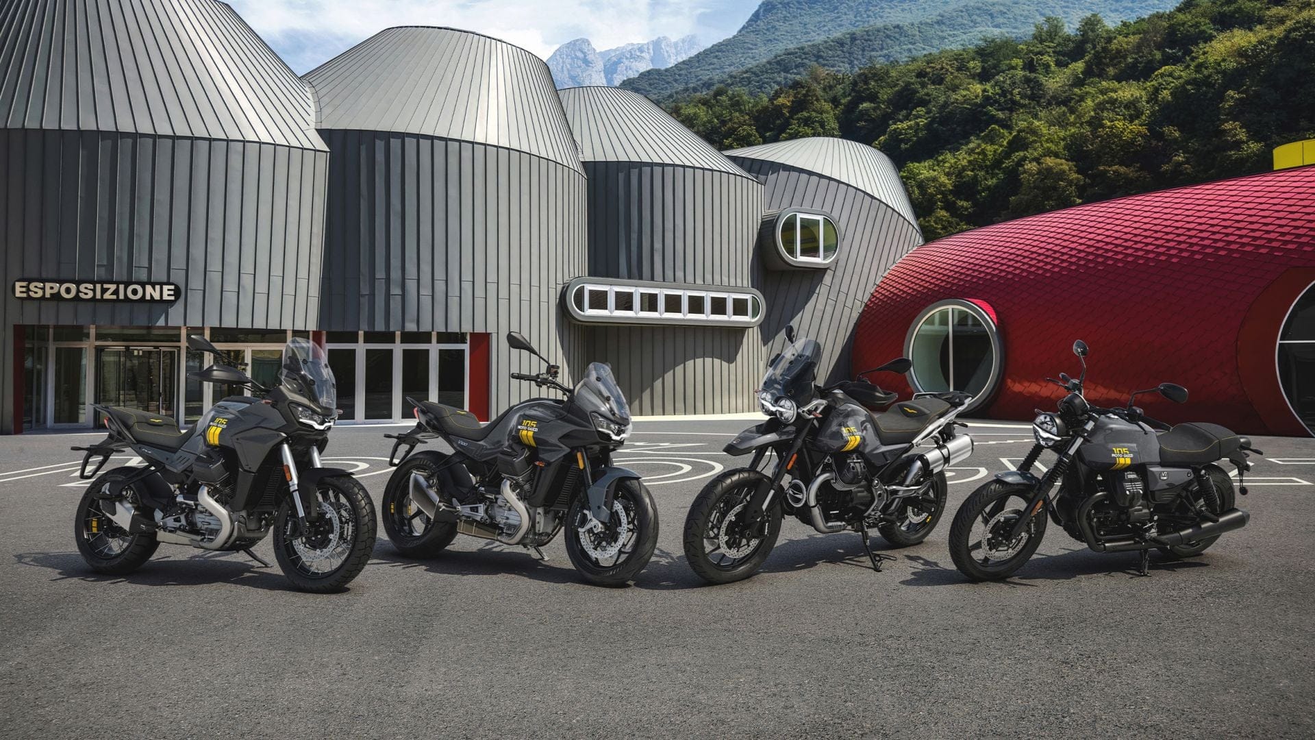 Moto Guzzi 105th Anniversary special edition range, grey and yellow livery, four models lined up
