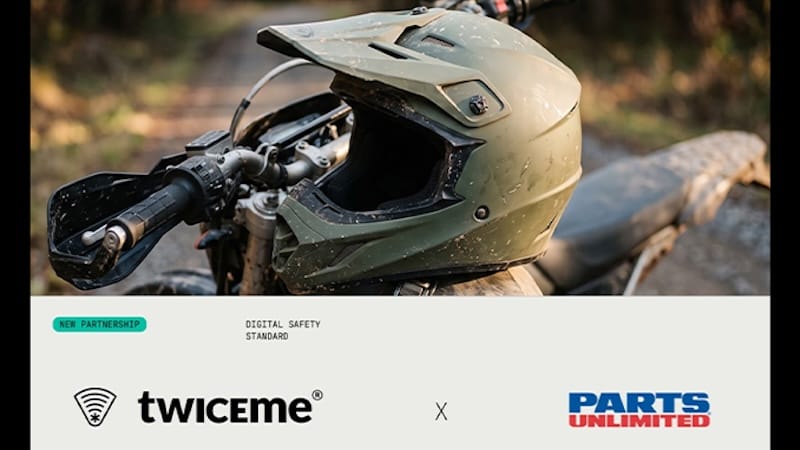 Twiceme NFC Tag branding graphic showing the adhesive medical-ID sticker for motorcycle helmets