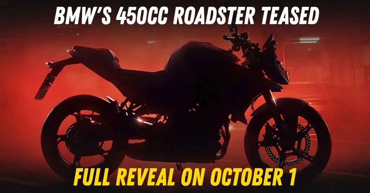 BMW F 450 R roadster teaser silhouette against the F 450 GS, showing the lower stance and 17-inch wheels
