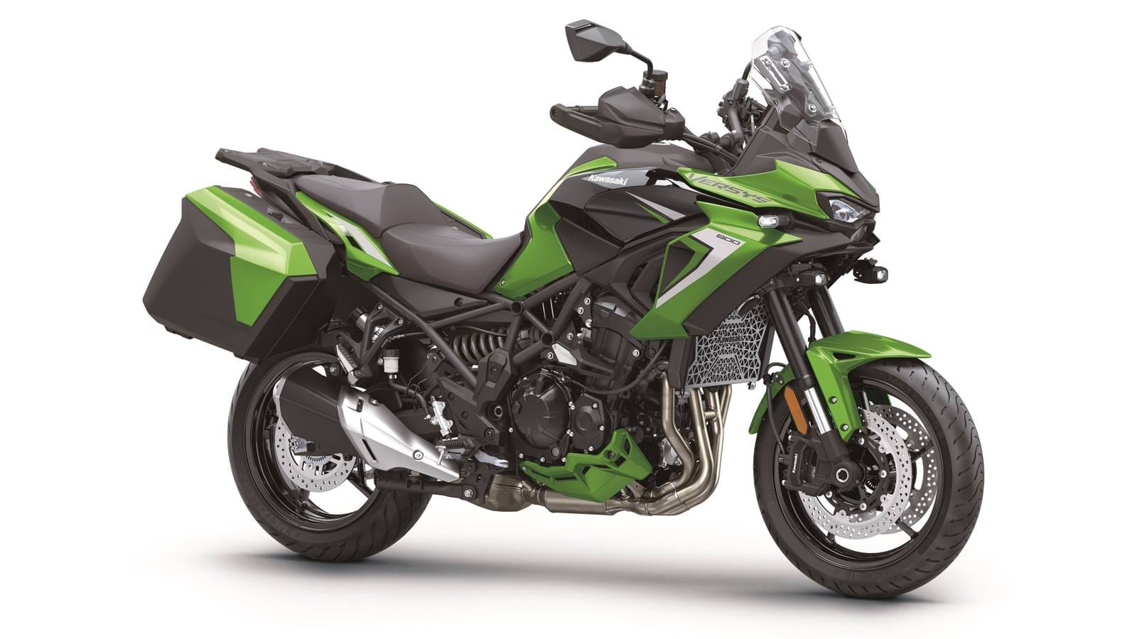 2027 Kawasaki Versys 900 in green, front three-quarter studio shot