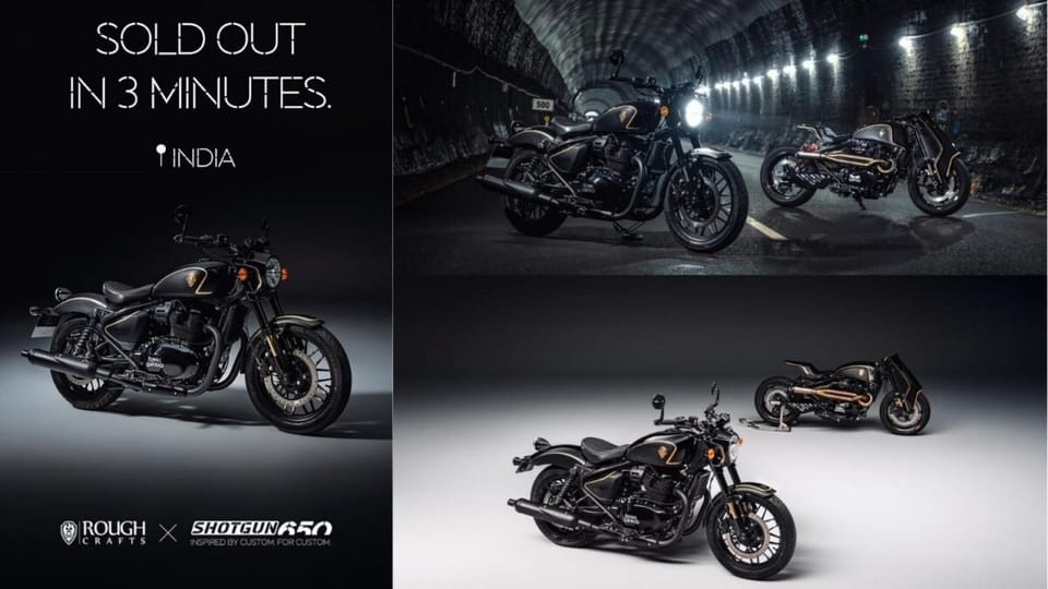 Royal Enfield Shotgun 650 x Rough Crafts in gloss black and gold livery, front three-quarter view