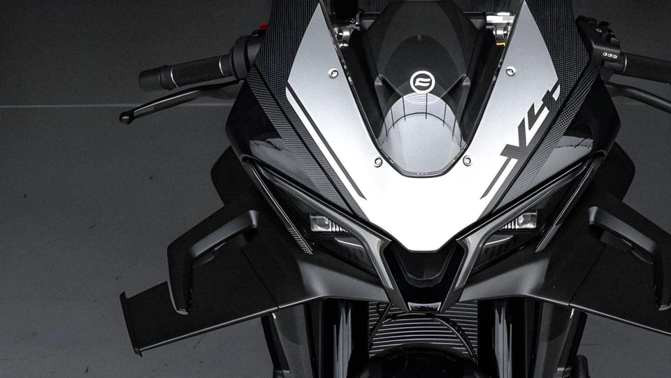 CFMoto V4SR-RR superbike prototype with rider mannequin inside Pininfarina's wind-tunnel testing chamber