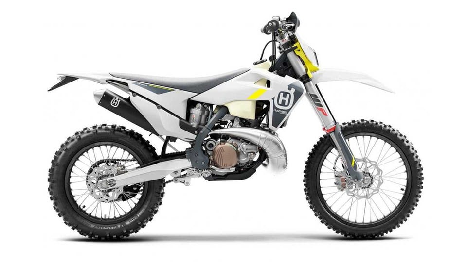 Husqvarna TE 300i enduro motorcycle, white and blue bodywork, studio shot