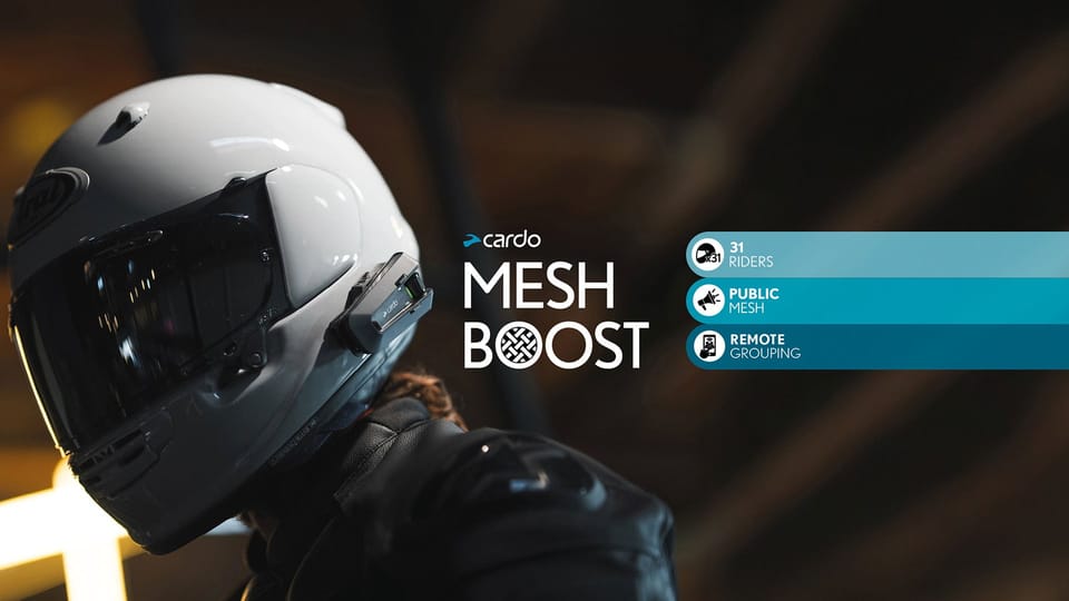 Graphic showing Cardo's Mesh Boost network connecting a group of motorcycle riders