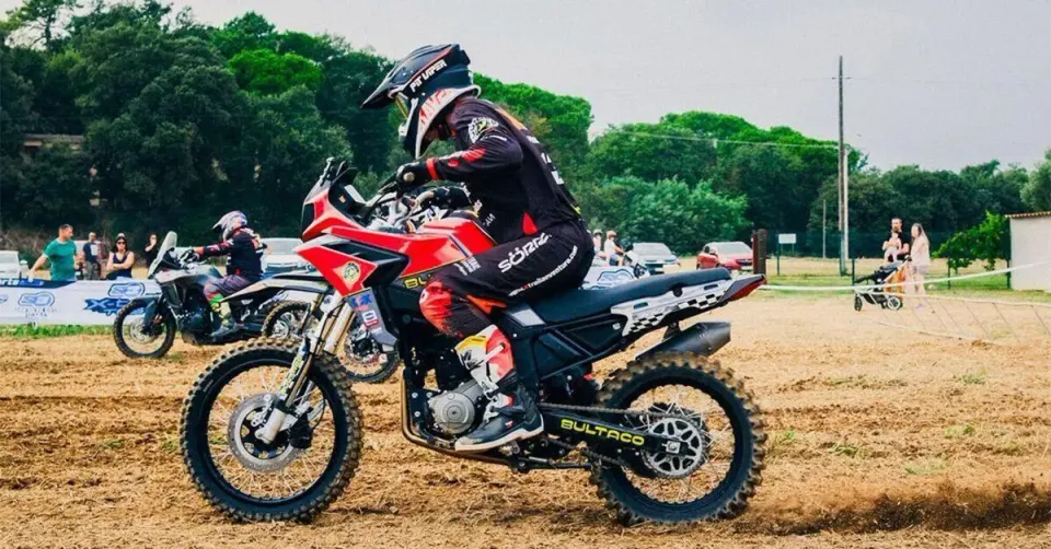 Bultaco Rally GT 300 prototype testing at Moto Club Vilobi, front three-quarter view