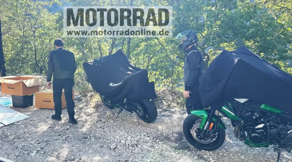 Camouflaged Kawasaki Versys 900 prototype spotted testing, front three-quarter view