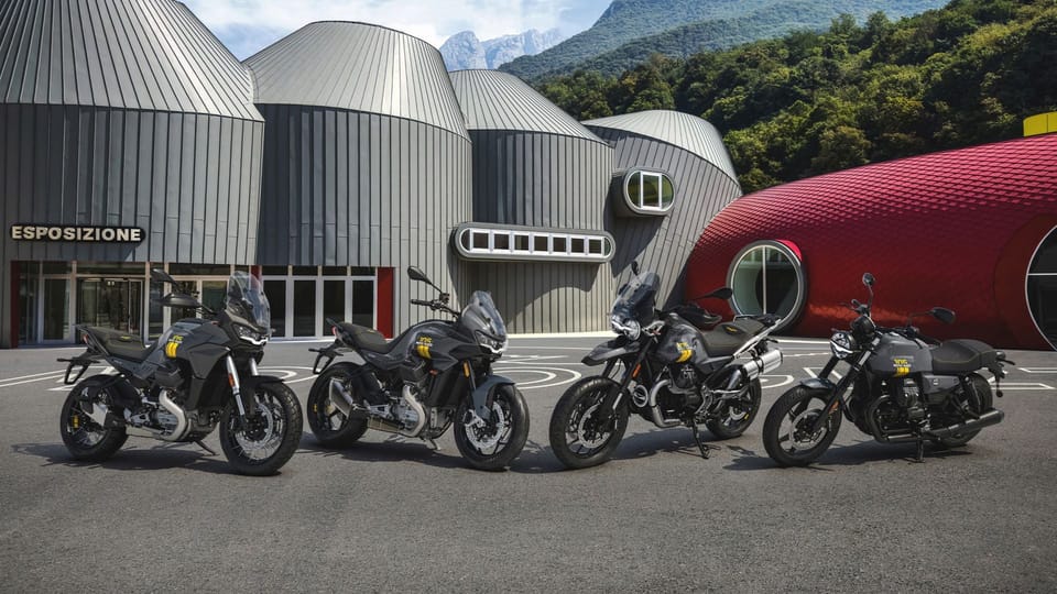 Moto Guzzi 105th Anniversary special edition range, grey and yellow livery, four models lined up