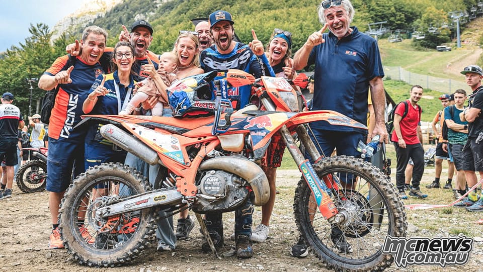 Manuel Lettenbichler celebrating with his Red Bull KTM Factory Racing team after winning the Abestone Hard Enduro