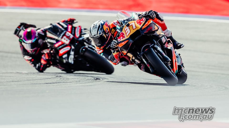 Pedro Acosta leading Jorge Martin through a corner at the Red Bull Ring during the 2026 Austrian MotoGP race