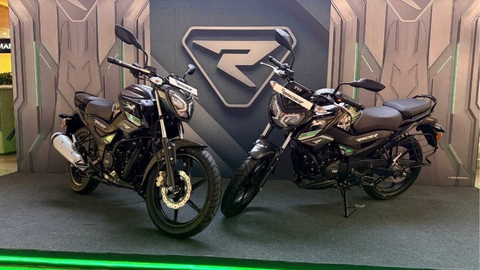 TVS Raider 125 motorcycle in the limited-edition Doctor Doom livery, side view