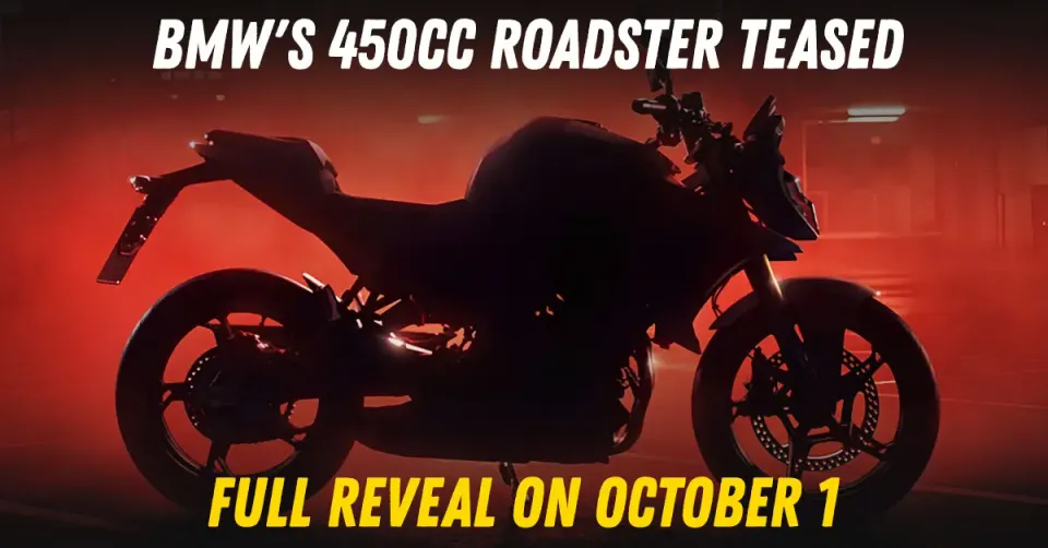 BMW F 450 R roadster teaser silhouette against the F 450 GS, showing the lower stance and 17-inch wheels