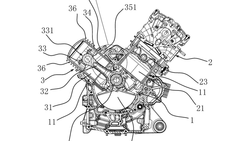 Patent diagram showing QJ Motor's single-cylinder engine with a dummy rear cylinder in a V-twin-shaped crankcase