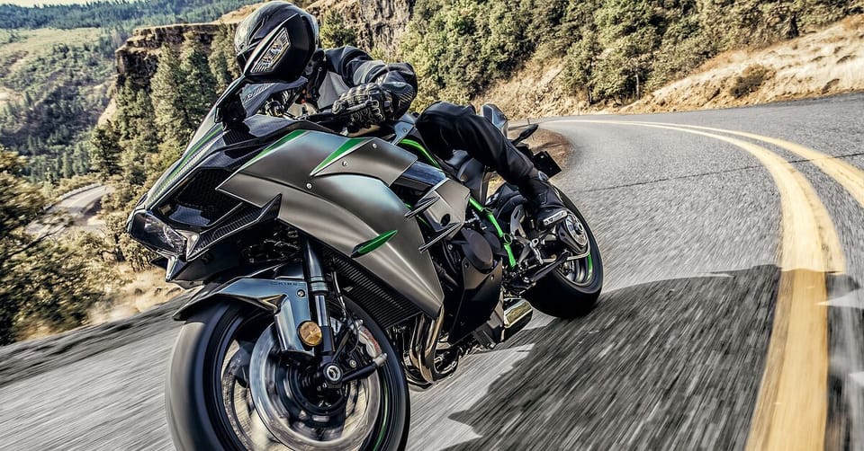2019-spec Kawasaki Ninja H2 supercharged sportbike, front three-quarter view