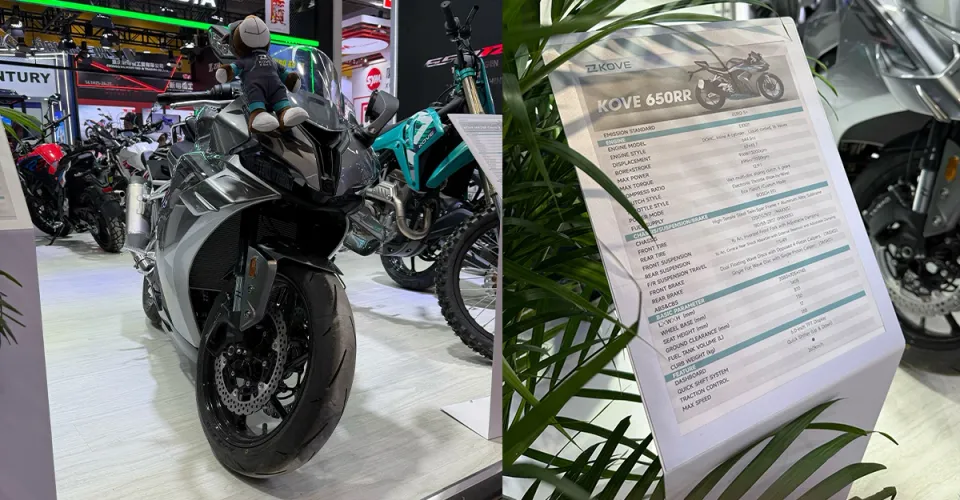 Kove 650RR four-cylinder supersport motorcycle, front three-quarter studio shot